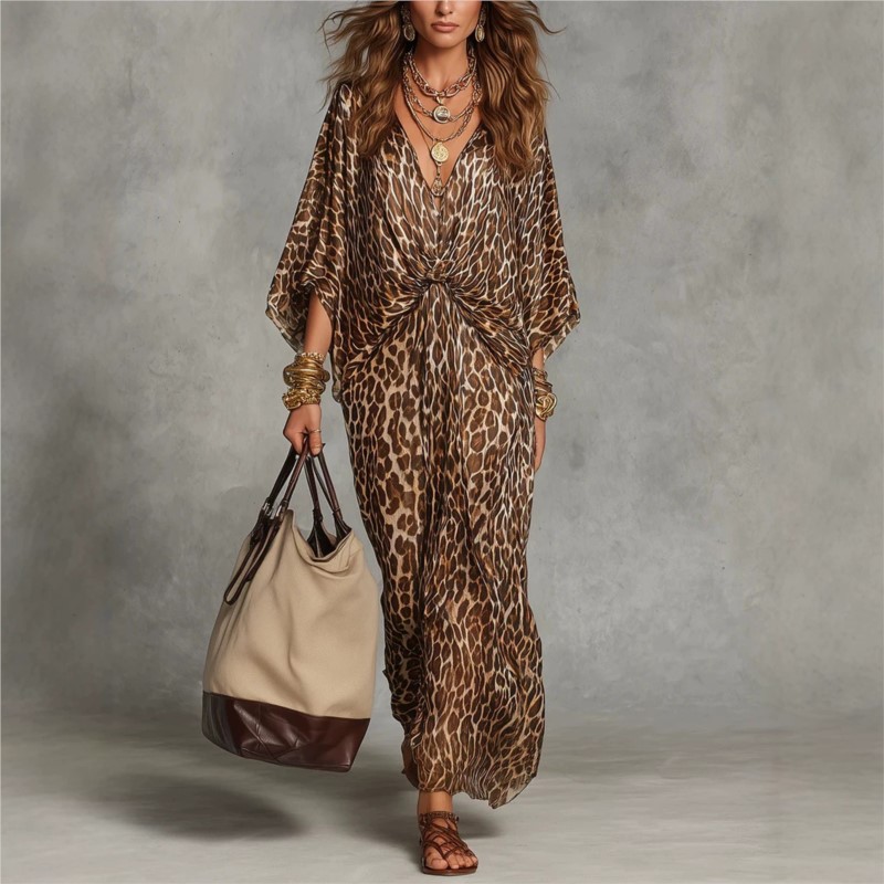 Italy Fashion Street - Sukienka maxi damska w panterkę, seksowna,