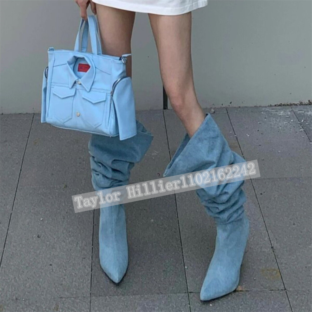 Street Fashion Runway - Wiosenne Niebieskie Jeansowe Plisowane Buty typu
